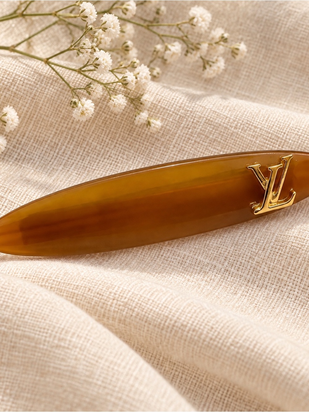 Designer Inspired Amber Tortoiseshell Hair Barrette with Gold Logo